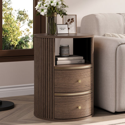 Round End Table For Living Room, Mid Century Modern Fluted Side Table With Storage, Bedside Table With 2 Drawers And Open Shelf, Nightstand For Bedroom, Walnut