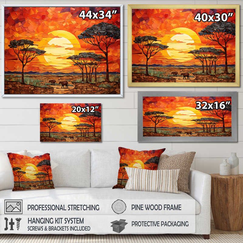 Savannah Sunset in African Safari Hues 2 - art mural mosaïque Boho, Cadre flottant noir, H 16 po x l 32 po x P 1 po