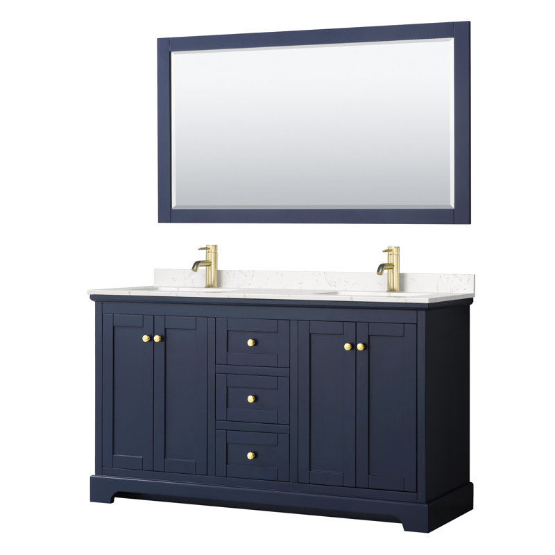 Avery 60'' Double Bathroom Vanity with Marble Top with Mirror, Carrara Cultured Marble, Dark Blue, Brushed Gold