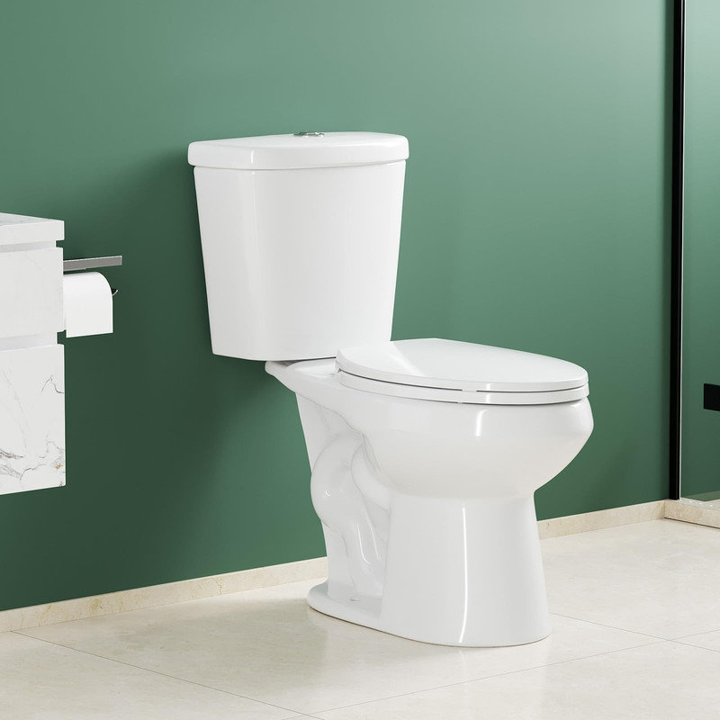 17" Elongated Two-Piece Toilet – Top Dual Flush, Soft-Close Seat, 12" Rough-In, White