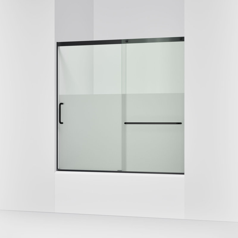 Elate Sliding Bath Door, 56-3/4-In H X 56-1/4 - 59-5/8-In W With Heavy 5/16-In Thick Crystal Clear Glass With Privacy Band