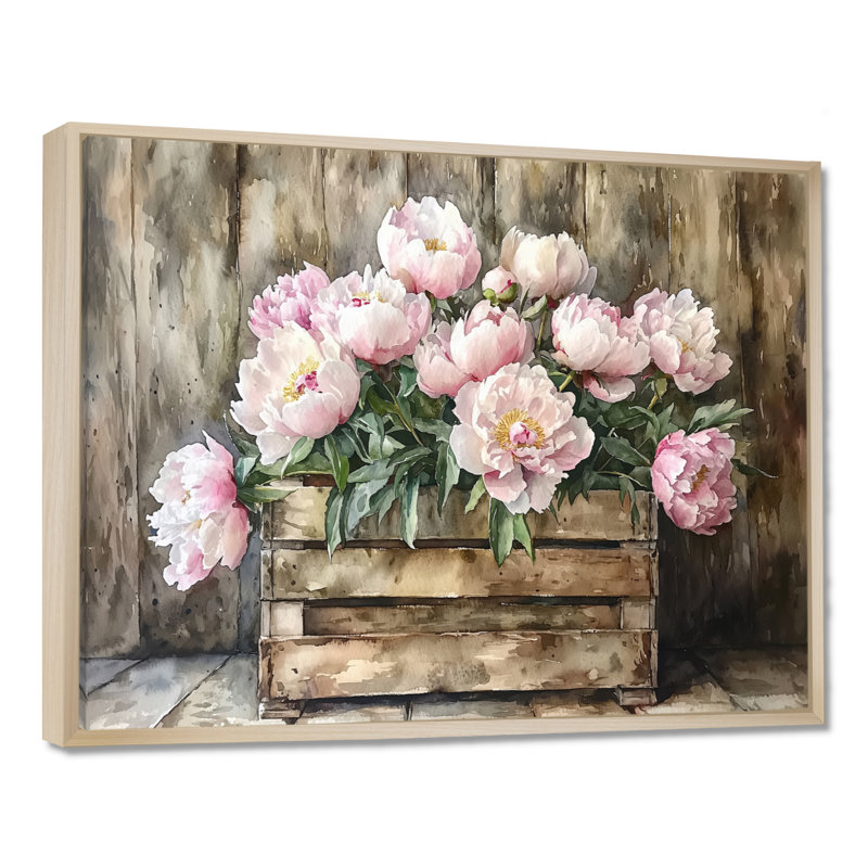 Pivoine campagnarde - Bouquet de pivoines, H 30 po x l 40 po, Floater Framed, Brun