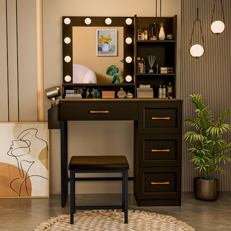 Coiffeuse de maquillage avec tabouret 2 tiroirs, 3 modes de couleurs disponibles pour la chambre à coucher, Noir