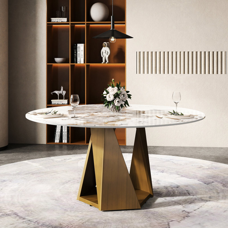 Table de salle à manger 57,4 po en blanc, avec base en métal bronze robuste et surface en pierre frittée, forme ronde pour 6 à 8 personnes, fer stable à la chaleur résistant aux égratignures, facile à laver