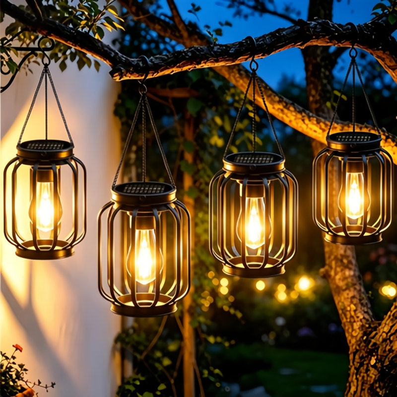 Paquet de 4 lanternes solaires en métal pour l'extérieur, imperméables et suspendues avec DEL blanc chaud, IP65 pour la décoration de jardin