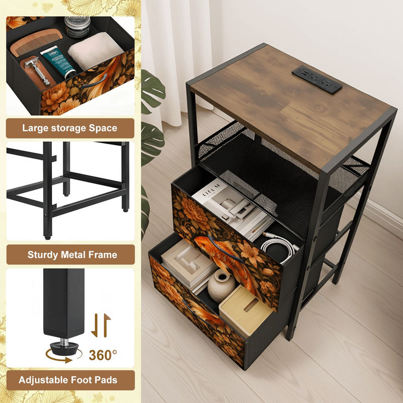 Table de chevet 2 tiroirs avec station de charge, table de chevet avec ports USB et prises USB