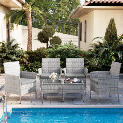 Ensemble de conversation en rotin 6 pièces avec coussins, ensemble bistro de patio avec table - idéal pour se détendre au jardin et au bord de la piscine (ensemble de 4)