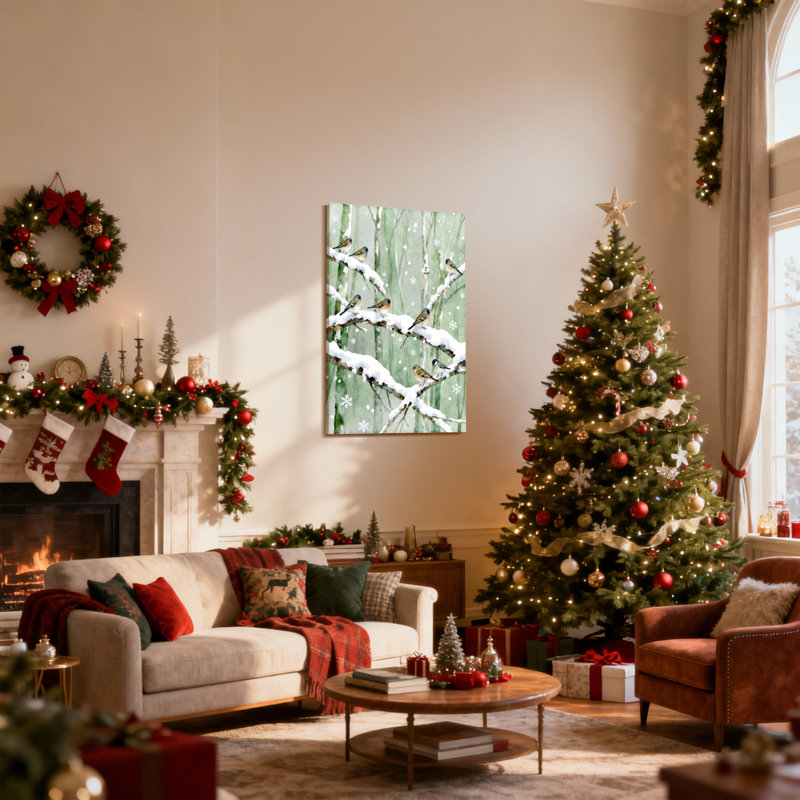 Christmas Winter Birds On Snowy Branches Set of 3 Canvas Wall Art Prints, 30" H x 20" W