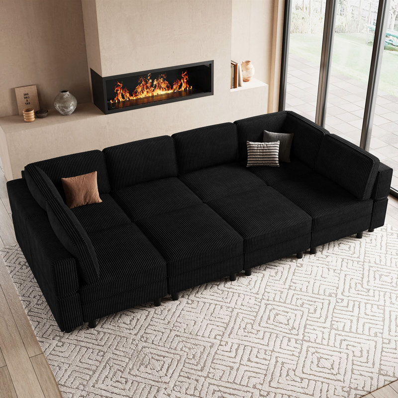 Canapé-lit modulaire rembourré en U avec espace de rangement, Velours côtelé noir