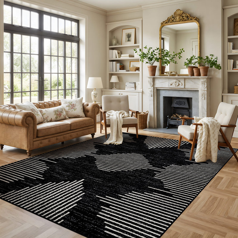 Modern Abstract Area Rug Minimal Contemporary Design, Black/White, Rectangle 7'10" x 10'