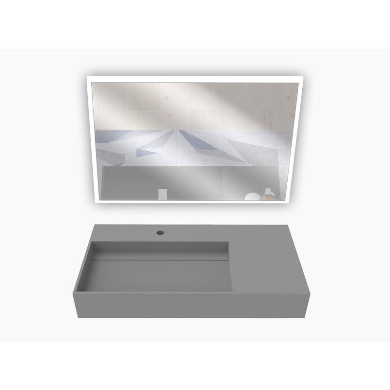 Juniper 36" Solid Surface Wall Mount Modern Minimalist Left Basin Bathroom Sink and LED Mirror Set, Gray