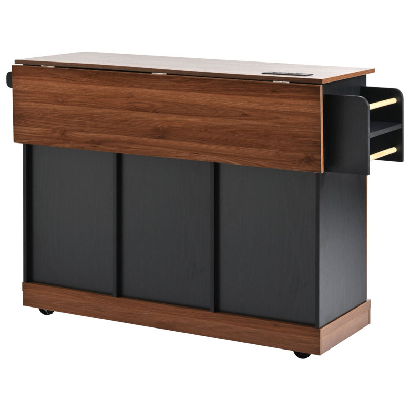 K&K 55.5" Farmhouse Kitchen Island With Drop Leaf, Kitchen Storage Island With Barn Door, Power Outlet, Rolling Kitchen Cart On Wheels With Spice Rack, For Home, Kitchen, Dining Room, Black