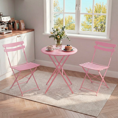Ensemble bistro pliable en métal pour terrasse 3 pièces - 2 tables d'extérieur compactes et 2 chaises pliantes - peu encombrantes, sans assemblage - pour le jardin, la cour, le balcon - rose