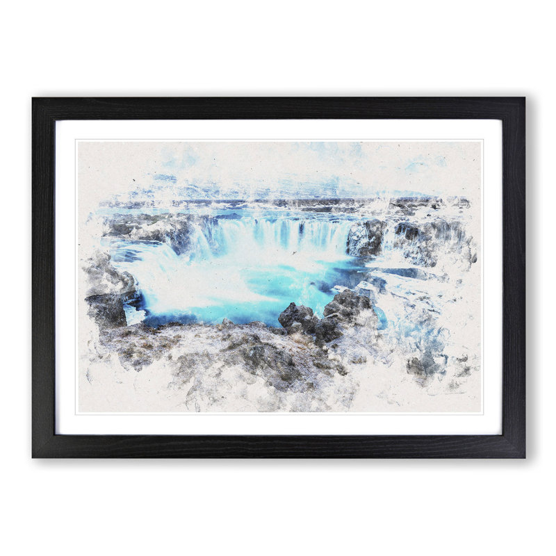 Godafoss Waterfall in Iceland - Picture Frame Painting Print, 62cm H x 87cm W x 2cm D, Black Framed