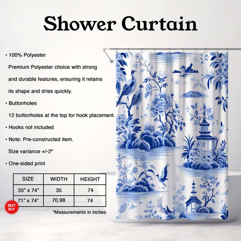 Chinoiserie Motifs Design - 1 Piece Standard Shower Curtain, 74"H x 35"W