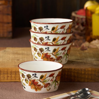 Autumn Meadows Set of 4 Ice Cream Bowls — Generous 20-ounce stoneware bowls adorned with harvest botanicals, perfect for dessert, soups, oatmeal, and every autumn comfort.