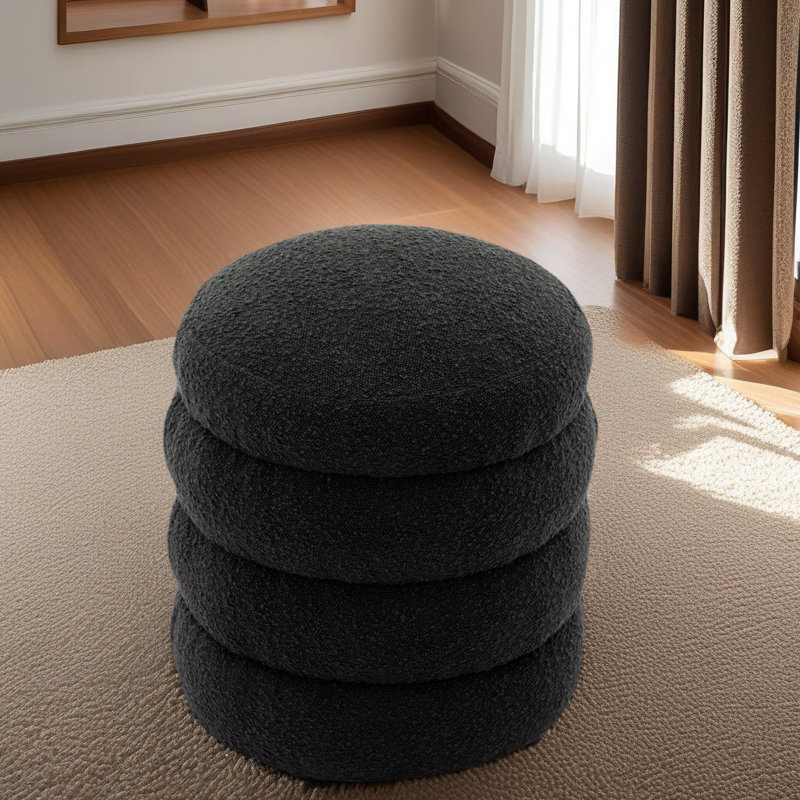 Soft Round Ottoman Footrest Stool, Black Boucle