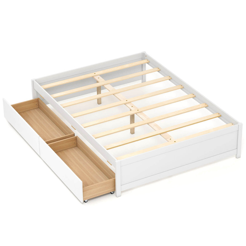 Lit plateforme double en bois avec 2 tiroirs de rangement roulants, Blanc