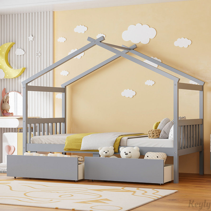 Lit en bois avec tiroirs, gris, Simple