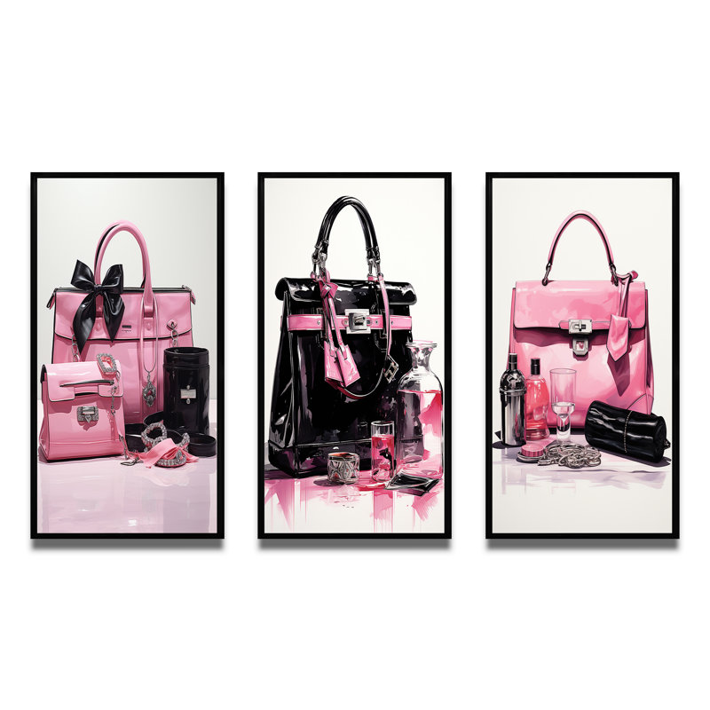«Pink Fashion Bag Glamour», 3 pièces sur toile, Cadre noir, H 40 po x l 60 po