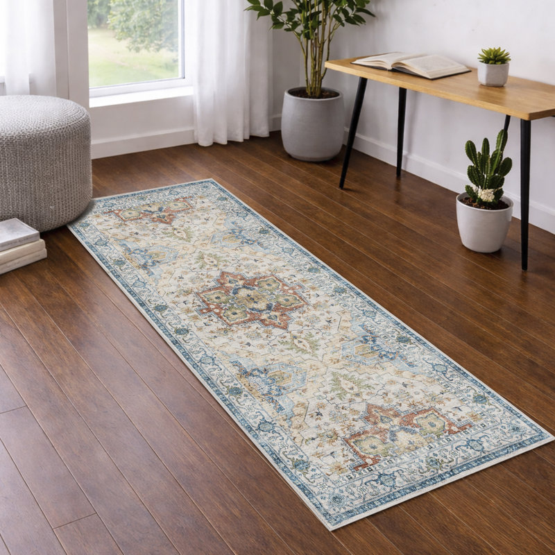 Machine Washable Vintage Oriental Area Rug Non-Slip Backing Blue/Beige/Rust Indoor Carpet for Living Room, Bedroom, Hallway Runner