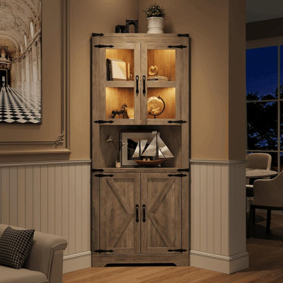 Armoire de coin de 67 pouces avec porte vitrée et tablettes réglables - rangement compact pour le salon, la cuisine et la salle de bain