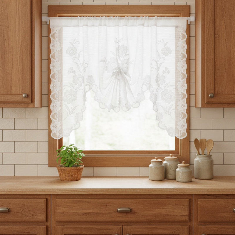1 Panel White Lace Short Curtain Lifting Tie-Up Roman Tulle Curtain Pastoral Style Kitchen Cafe Study Room Small Window Valance Drapes, White, 150*100Cm/59*39.37In