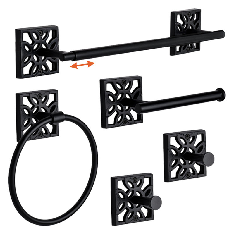 Matte Black 5-Piece Bathroom Hardware Set with Towel Rack