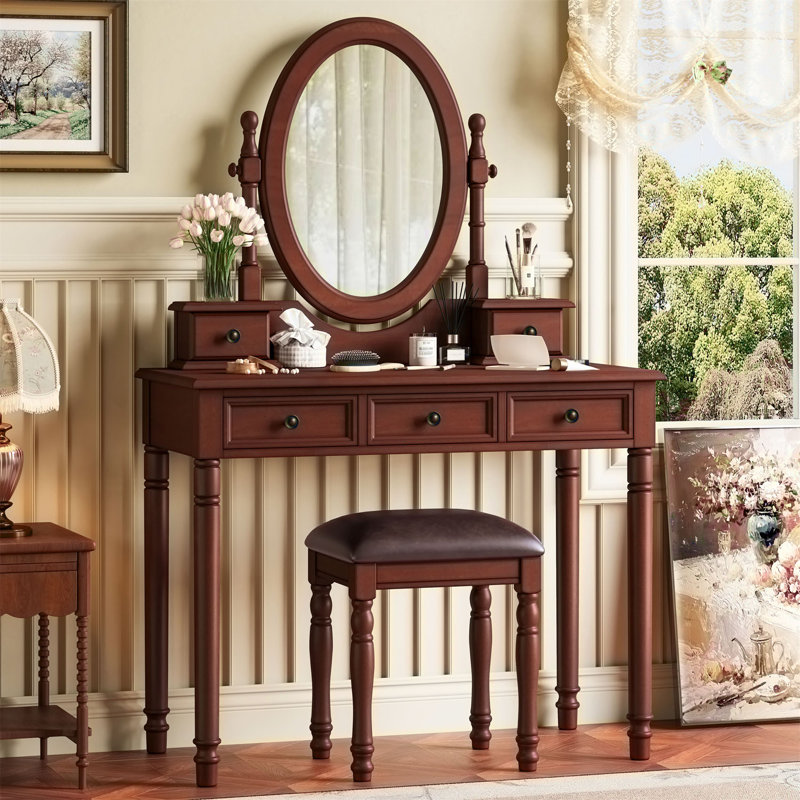 Bureau de coiffeuse en bois avec miroir à angle réglable et tabouret