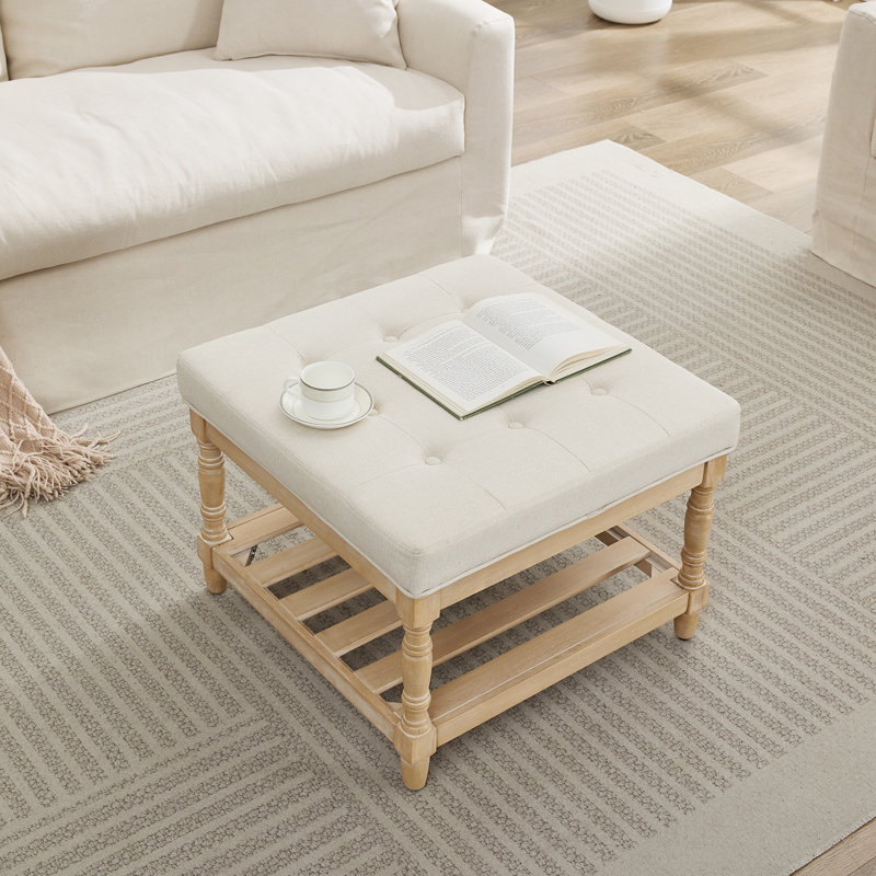 Table basse en tissu avec rangement Gladis, Plateau beige / base brun clair