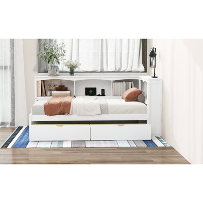Twin Daybed In White With Two Storage Drawers And Ports - Construction Extra For A Neat Room Twin-size Space Chargers Frame Bedroom