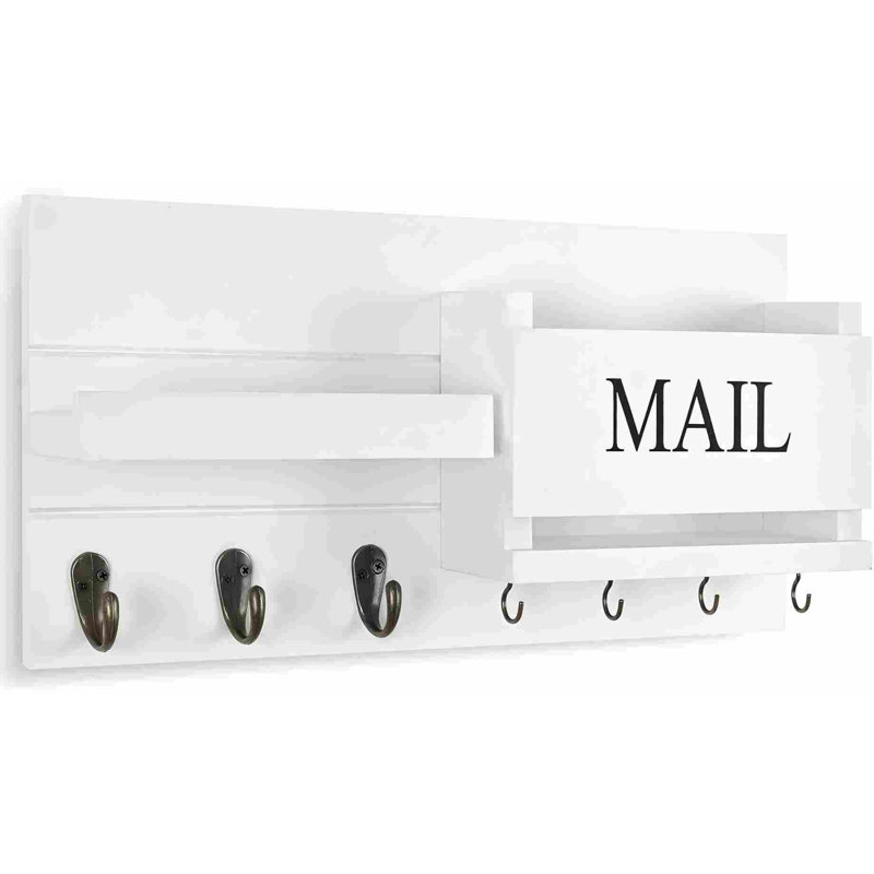 Organisateur de courrier mural - Porte-clés avec tablette avec porte-lettres et crochets pour décor de maison de campagne - Couloir en bois rustique avec quincaillerie de fixation (16,5 po x 9,1 po x 3,4 po) (blanc)