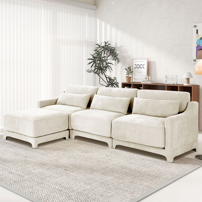 106" L-Shaped Modular Upholstered Sectional With Ottoman, Beige Chenille