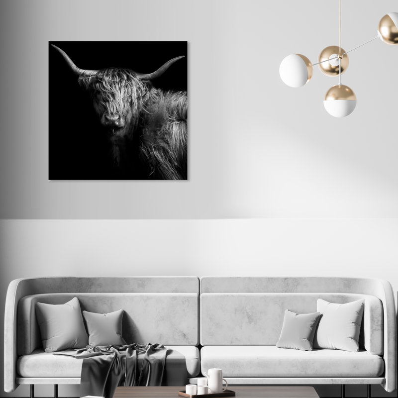 Realistic Black And White Highland Cow Photography Print by Oliver Gal, 30" H x 30" W, Wrapped Canvas