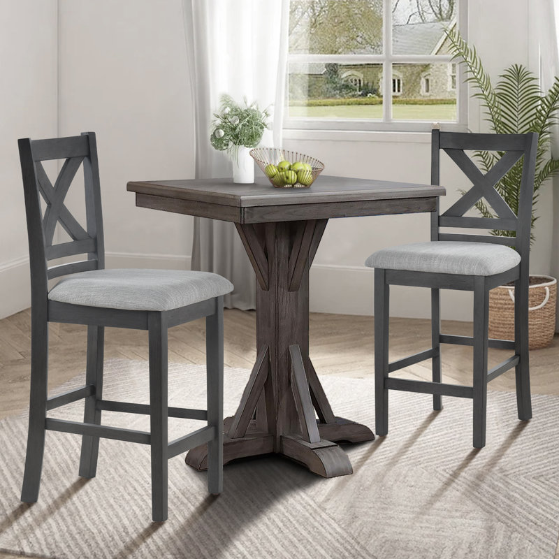 Fabiola 25'' X-Back Solid Wood Fabric Upholstered Bar & Counter Stool with Footrest, Dark Gray