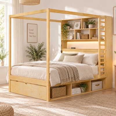 Lit plateforme Cubivelle en bois avec baldaquin, tête de lit bibliothèque, ports de chargement USB, éclairage DEL RVB intelligent contrôlé par application, 6 compartiments de rangement sous le lit et grand tiroir.