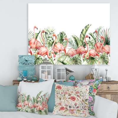 " Pink Flamingos And Palm Leaves And Tropical Birds " Painting Print