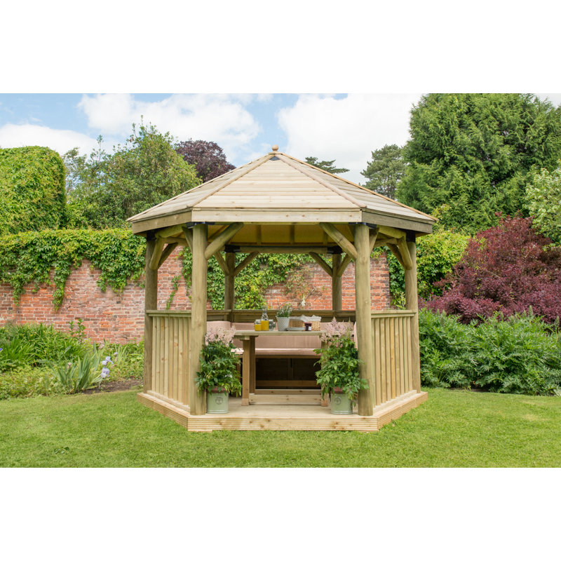 Furnished 3.8m x 3.3m Wooden Gazebo with Timber Roof with Installation Service, Natural/White