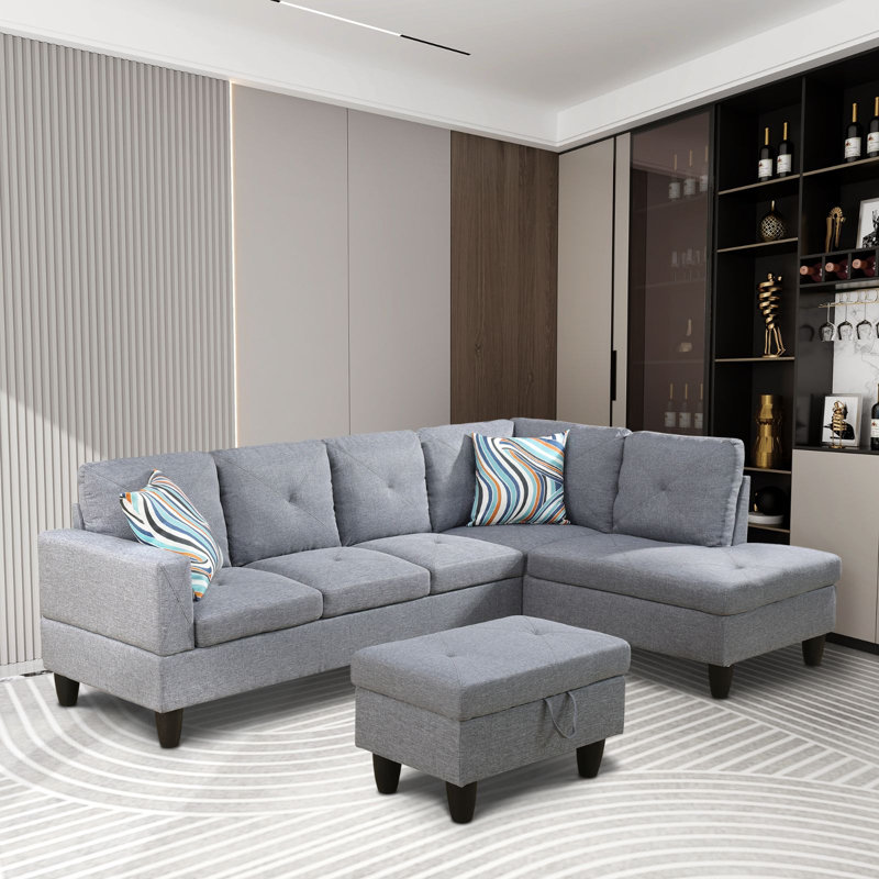 Canapé modulaire en L 3 pièces pour salon Manol, Accoudoir à droite (vu de face), 100 % lin gris