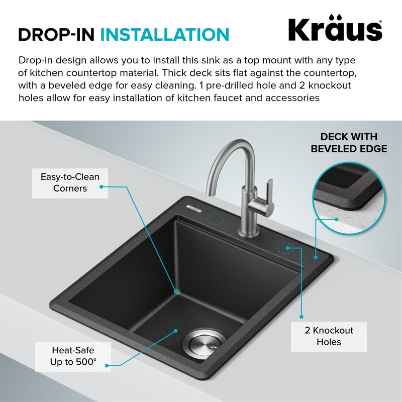 Évier de cuisine à simple cuve à montage sur plan en granite 28 po KRAUS Bellucci avec accessoires, 18 po de longueur