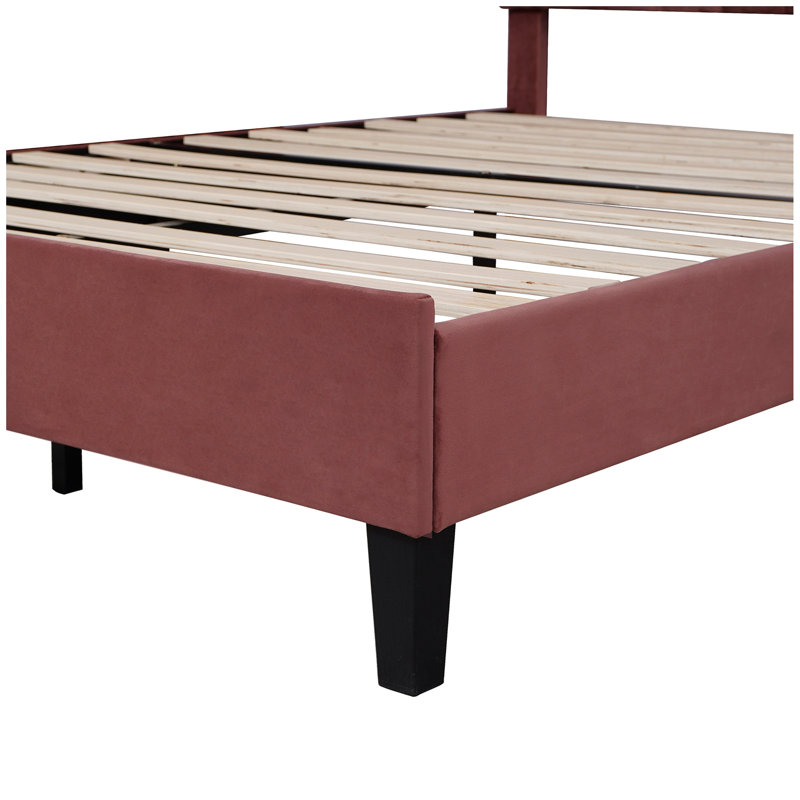 Upholstered Platform Bed with Flower Pattern Velvet Headboard, Bean paste red, Queen