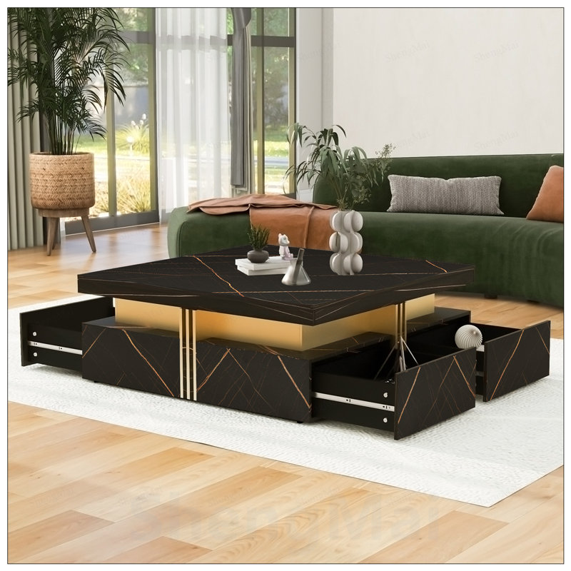 Table basse contemporaine carrée noire à 4 tiroirs - Pièce de rangement pratique et élégante, Noir