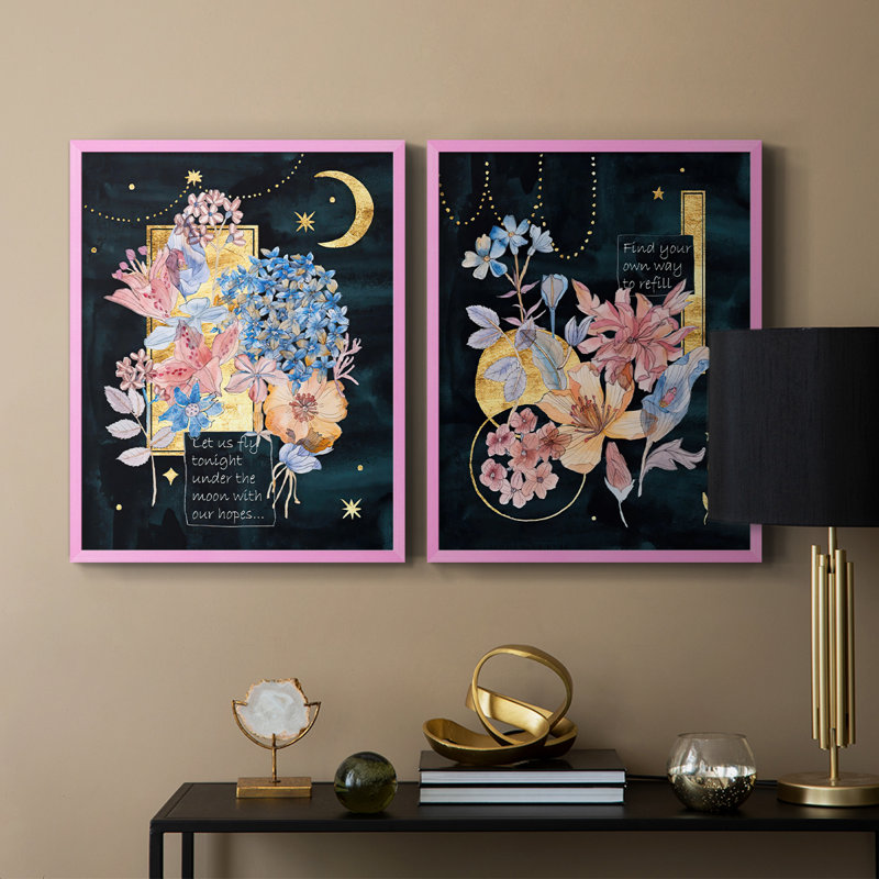 «Moonlight Flowers I», reproduction encadrée de qualité supérieure - prête à être accrochée - aucun clou requis - aucun clou requis
