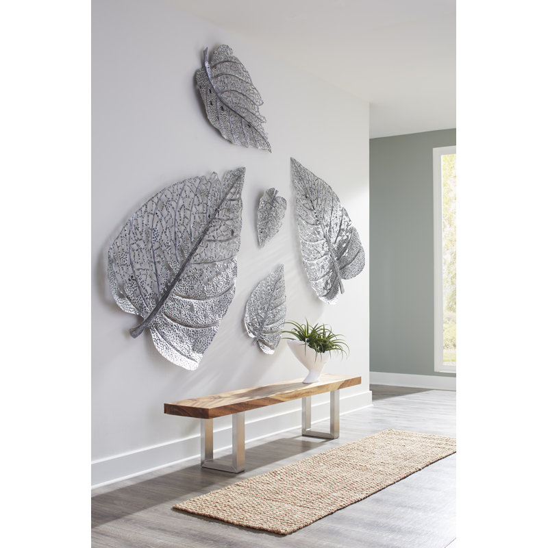 Feuille de bouleau, art mural, argent, Argent, H 55 po x l 36 po x P 5 po