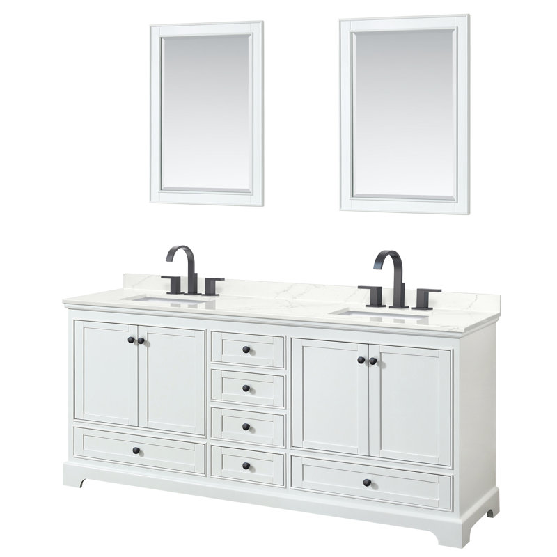 Meuble-lavabo double autoportant Deborah avec plateau en quartz, Giotto Quartz, Blanc, Or brossé