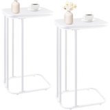 C Shaped End Table Set Of 2, Small Side Table For Sofa And Bed, Couch Tables That Slide Under, Tall Tv Tray Table For Living Room, Bedroom, Snow White