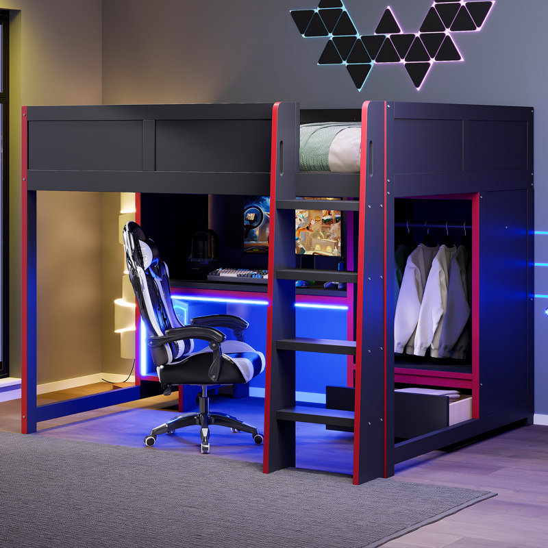 Lit mezzanine double en bois avec bureau intégré, garde-robe, DEL et tiroir, noir