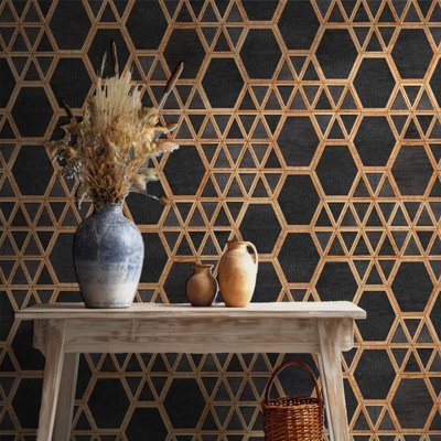 Black Geometric Hexagon Lattice Wallpaper – Luxury Modern Honeycomb Pattern Wall Design