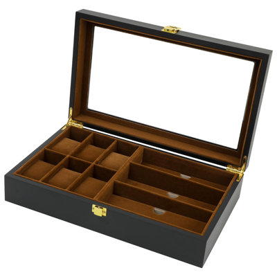 Watch Box,6 Watch 3 Slots Sunglasses Wooden Watch Organizer Box With Real Glass Top,Jewelry Storage Display Case For Father Husband Boy Friend