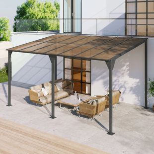 Wall-Mounted Gazebo 14.76*9.22 FT Outdoor Pergola Gazebo Awning Gazebo with Roof, Powder-Coated Iron Frame and with PC Roof Panels Outdoor Sloped Design Shelter for Deck, Garden, Backyard